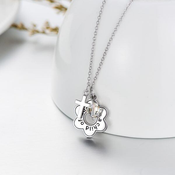 Sterling Silver "I Am a Child of God" Cross Flower Pendant Necklaces With Crystal-7