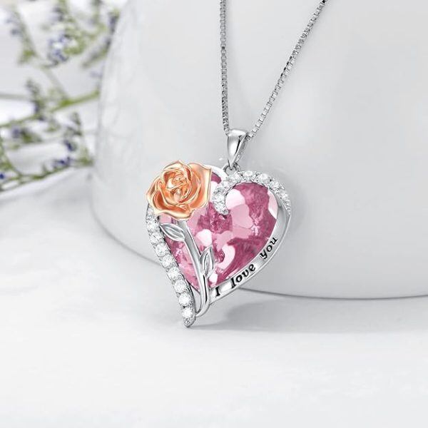 Sterling Silver Rose Flower Pendant Necklace With October Birthstone -2