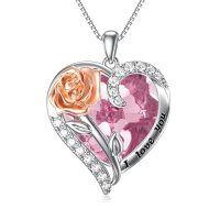 wholesale Sterling Silver Crystal Rose Flower Birthstone Necklace I Love You Heart Pendant Gift for Her - Two Tone- Two Tone
