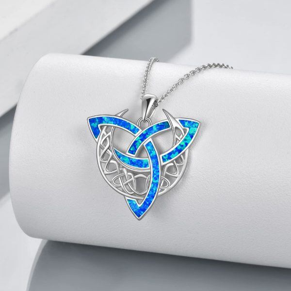 Sterling Silver Opal Irish Celtic Knot Moon Pendant Necklace-5