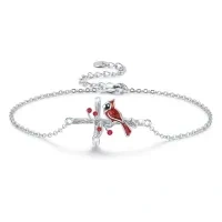 wholesale 925 Sterling Silver Cardinal and Cross Charm Bracelet with Red Birds - Adjustable Sympathy  for Women- Rhodium Plated