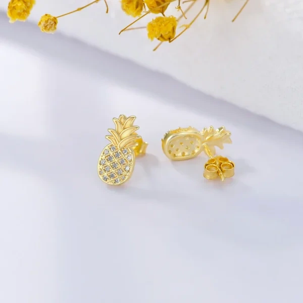 Sterling Silver With Gold Plated Pineapple Stud Earrings-3