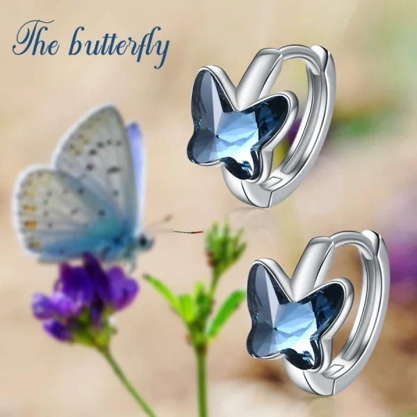 Sterling Silver Crystal Butterfly Huggie Earrings-2