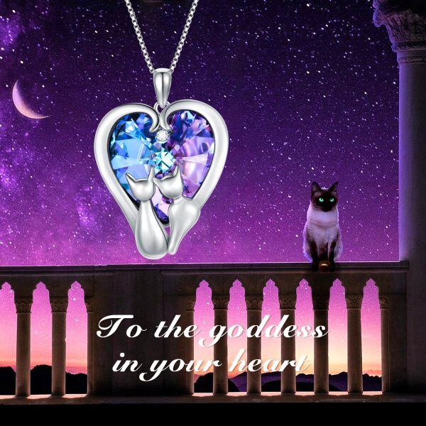 Sterling Silver Cat Pendant Necklace With Purple Heart Crystal-2