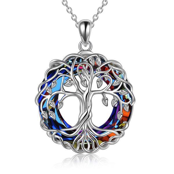 Sterling Silver Tree Of Life Pendant Necklace With Blue Crystal Circle-0