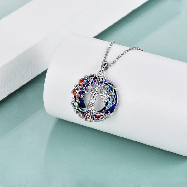 Sterling Silver Tree Of Life Pendant Necklace With Blue Crystal Circle-2