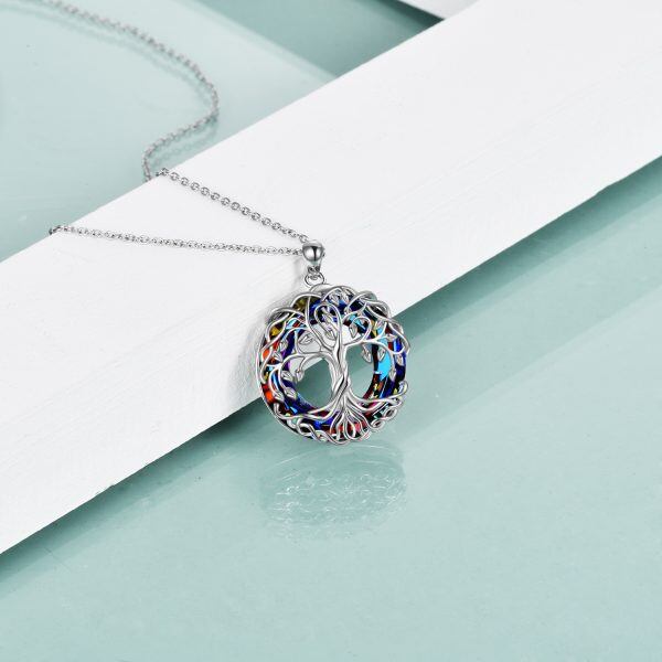 Sterling Silver Tree Of Life Pendant Necklace With Blue Crystal Circle-3