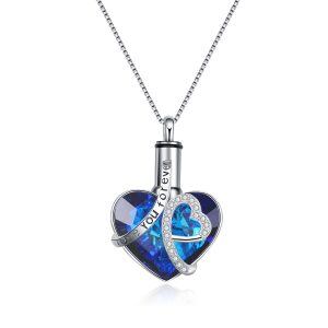 Sterling Silver Heart Blue Crystal Urn Necklace ,Engraved " I Love You Forever"-0