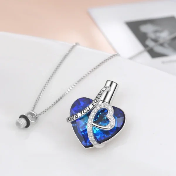 Sterling Silver Heart Blue Crystal Urn Necklace ,Engraved " I Love You Forever"-4