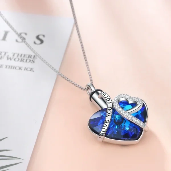 Sterling Silver Heart Blue Crystal Urn Necklace ,Engraved " I Love You Forever"-5