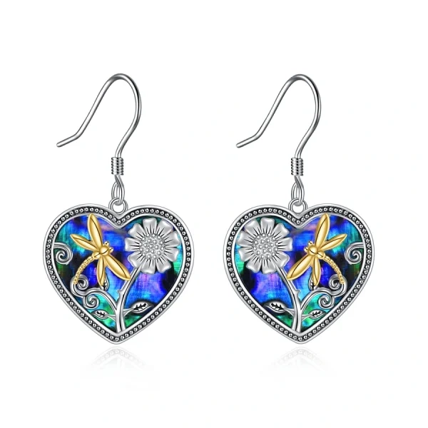 Sterling Silver Dragonfly Sunflower Abalone Drop Earrings-0