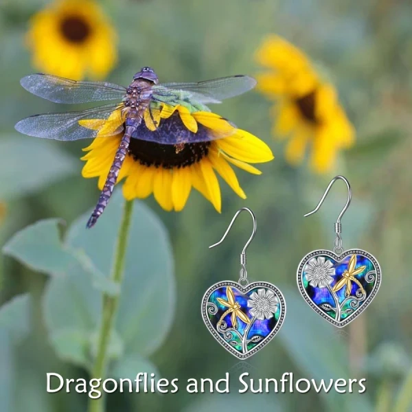 Sterling Silver Dragonfly Sunflower Abalone Drop Earrings-2