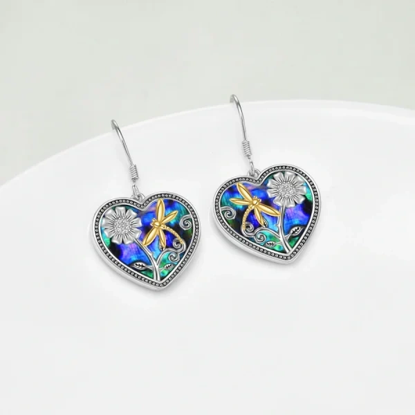 Sterling Silver Dragonfly Sunflower Abalone Drop Earrings-5