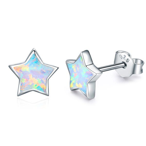 Sterling Silver Opal Star Stud Earrings-0