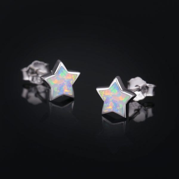 Sterling Silver Opal Star Stud Earrings-2