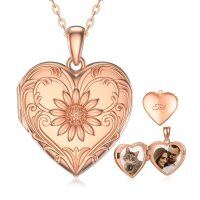 wholesale Rose Gold Plated Heart-Shaped Photo Locket Pendant with Sunflower Design and Chain for Women- Rose Gold Plated