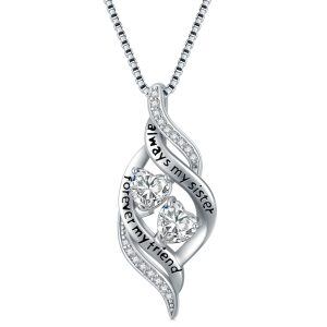 Sterling Silver April Birthstone Pendant Necklace With Heart White Zirconia For Sister-0