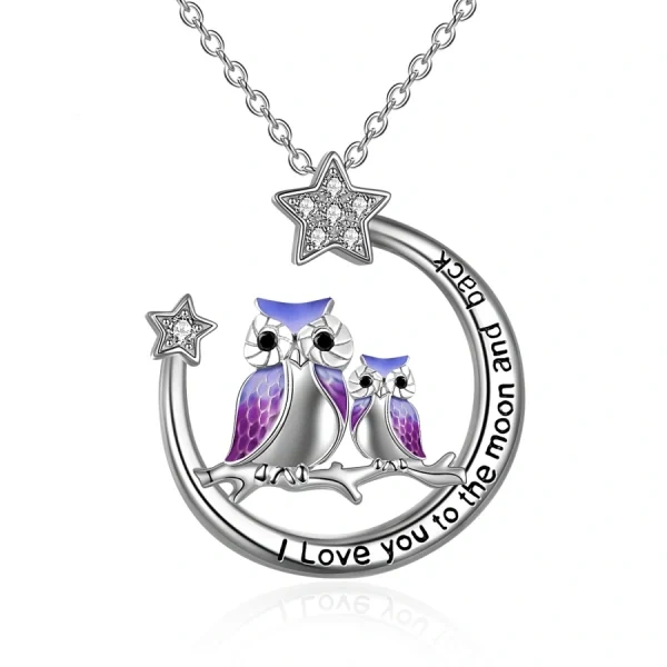 Sterling Silver Enamel Owl Moon Pendant Necklace-0