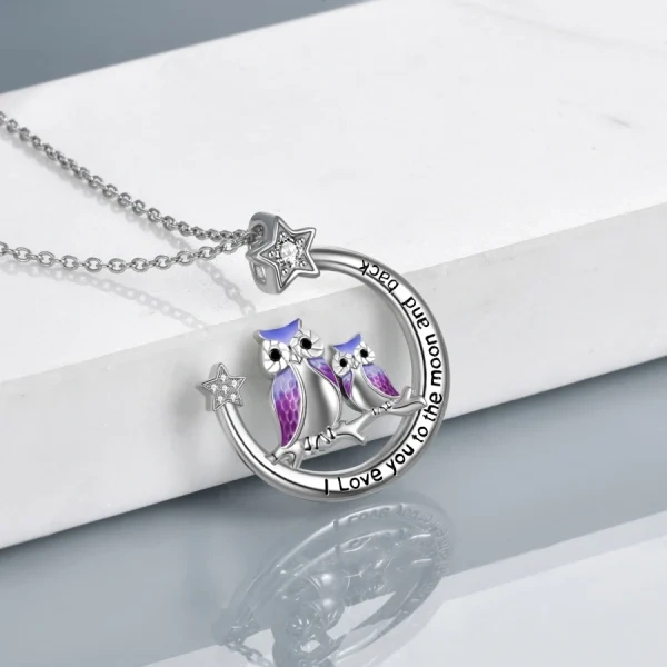 Sterling Silver Enamel Owl Moon Pendant Necklace-5