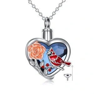 Sterling Silver Red Cardinal Urn Necklace With Blue Heart Crystal-0