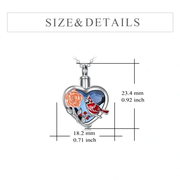 Sterling Silver Red Cardinal Urn Necklace With Blue Heart Crystal-1