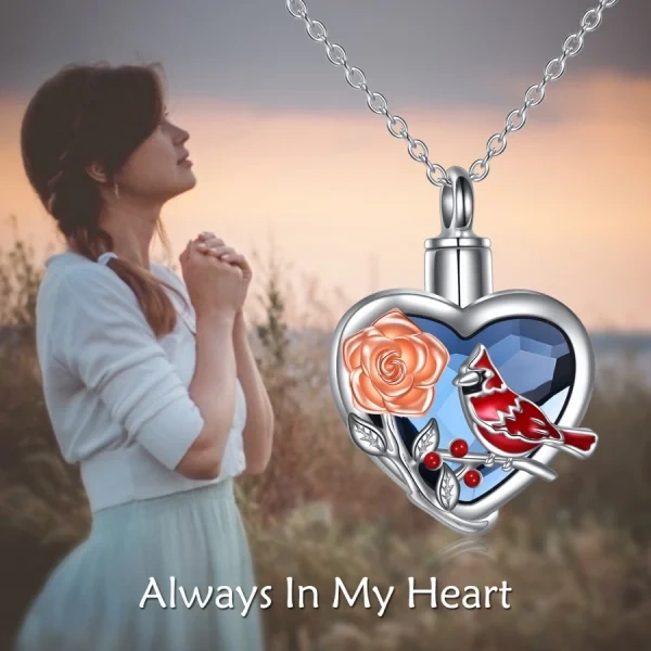 Sterling Silver Red Cardinal Urn Necklace With Blue Heart Crystal-2