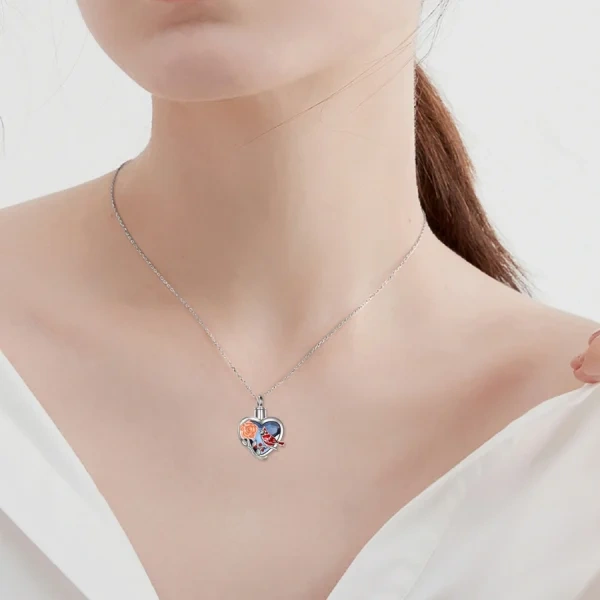 Sterling Silver Red Cardinal Urn Necklace With Blue Heart Crystal-3