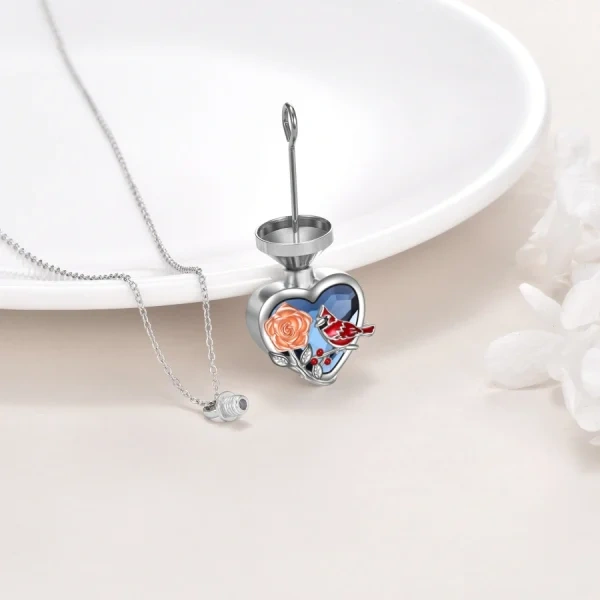 Sterling Silver Red Cardinal Urn Necklace With Blue Heart Crystal-4