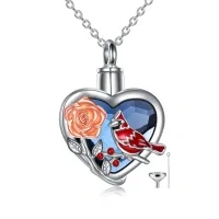 wholesale 925 Sterling Silver Heart-Shaped Rose & Cardinal Keepsake Urn Pendant Necklace with Funnel and Chain (18+2) - Memorial Ashes Holder Jewelry for Women- Two Tone