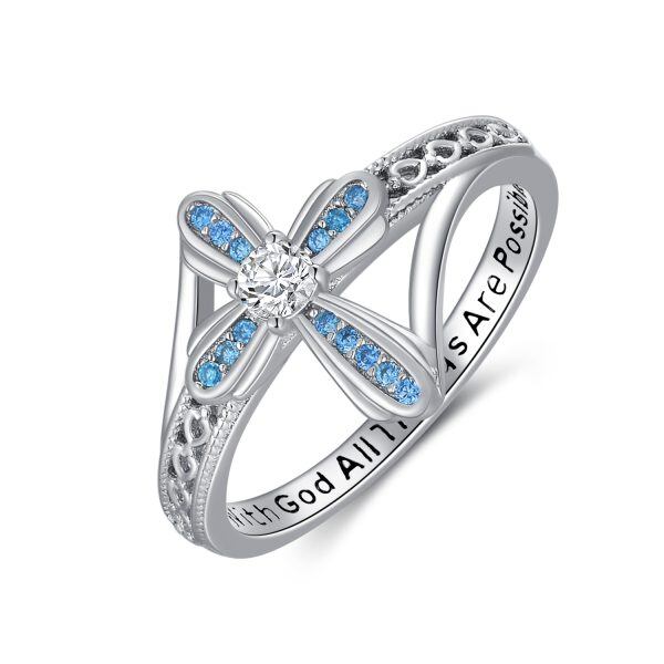 Sterling Silver Blue Crystal Cross Stacking Rings-0