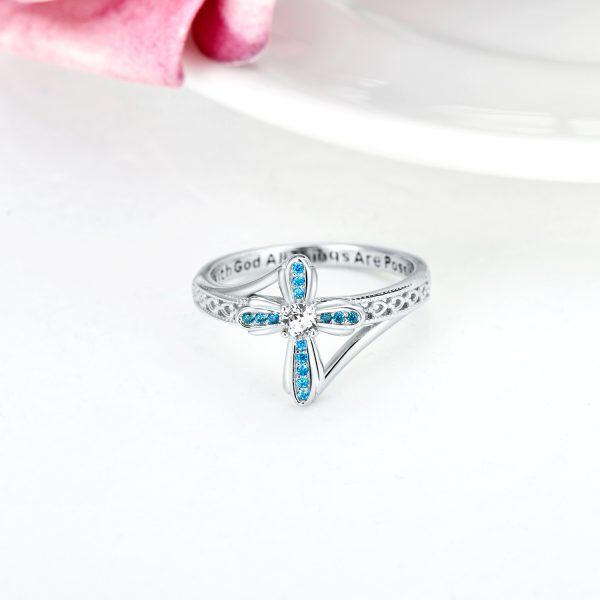 Sterling Silver Blue Crystal Cross Stacking Rings-4