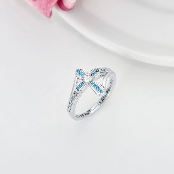 Sterling Silver Blue Crystal Cross Stacking Rings-5