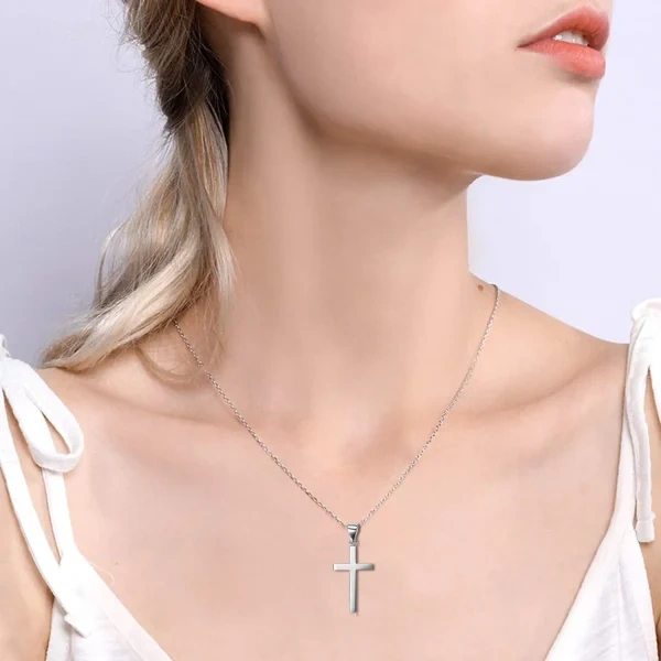 Sterling Silver White Gold Plated Small Cross Pendant Necklace-2