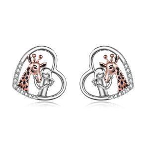 Sterling Silver Giraffe Heart Stud Earrings-0