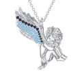 wholesale 925 Sterling Silver Angel Winged Cherub Blue Crystal Pendant Necklace for Women and Girls-0-0