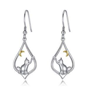 Sterling Silver Cat Moon Dangle and Drop Earrings-0