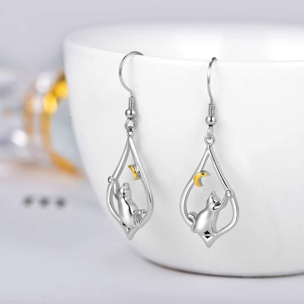 Sterling Silver Cat Moon Dangle and Drop Earrings-5