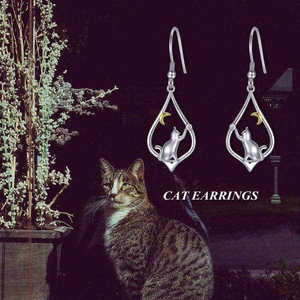 Sterling Silver Cat Moon Dangle and Drop Earrings-17