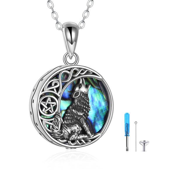 Sterling Silver Abalone Shell Wolf Celtic Moon Urn Necklace-0