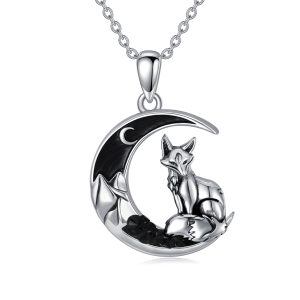 Sterling Silver Fox Moon Pendant Necklace-0