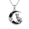 wholesale 925 Sterling Silver Crescent Moon Fox Pendant Necklace-0-0