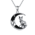 wholesale 925 Sterling Silver Crescent Moon Fox Pendant Necklace-0-2