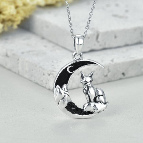 Sterling Silver Fox Moon Pendant Necklace-6