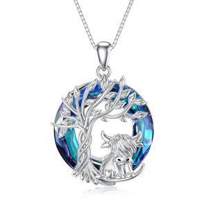 Sterling Silver Highland Cow Tree Of Life Crystal Pendant Necklace-0