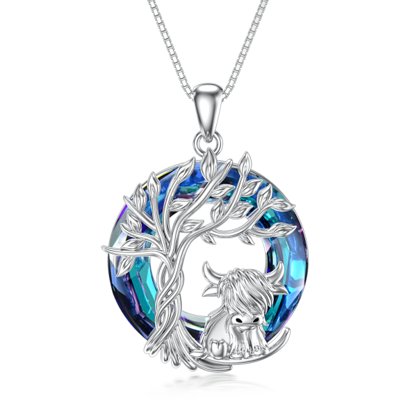 Sterling Silver Highland Cow Tree Of Life Crystal Pendant Necklace-1