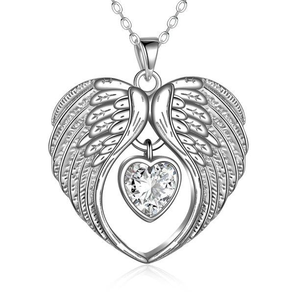 Sterling Silver Angel Wings Pendant Necklace With April Birthstone-0