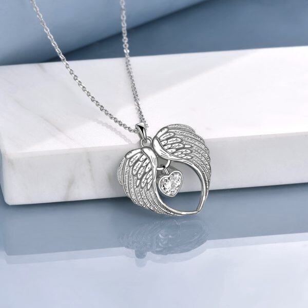 Sterling Silver Angel Wings Pendant Necklace With April Birthstone-2