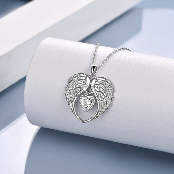 Sterling Silver Angel Wings Pendant Necklace With April Birthstone-3