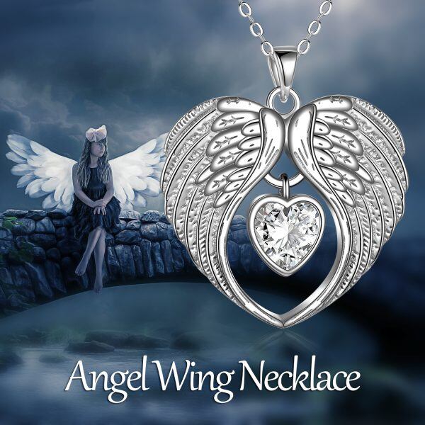 Sterling Silver Angel Wings Pendant Necklace With April Birthstone-4