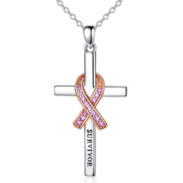 Sterling Silver Awareness Survivor Cross Pendant Necklace-0